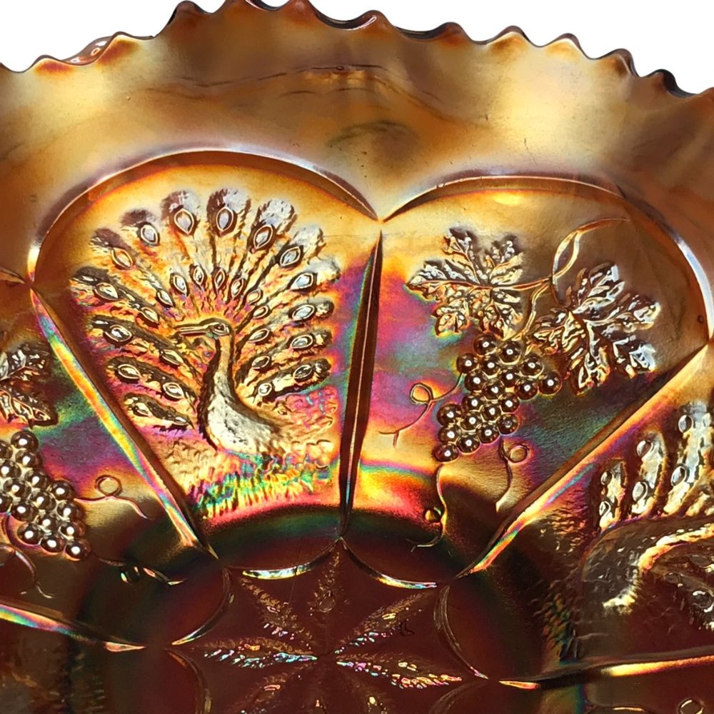 Carnival Glass Bowl Decorative Dish  Gold Amber Iridescent Peacock 9" Diam